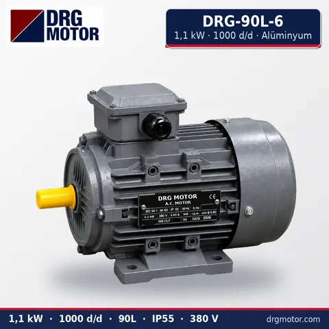 DRG-90L-6 1,1 kW 1000 d/d alüminyum gövdeli trifaze elektrik motoru – DRG Motor