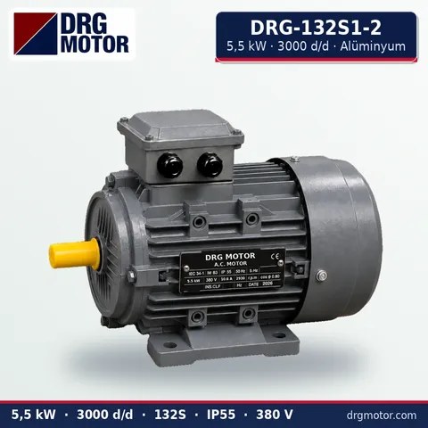 Moteur électrique triphasé DRG-132S1-2 5,5 kW 3000 tr/min carter aluminium – DRG Motor