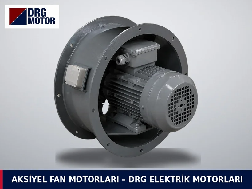 Axial fan and electric motor with DRG MOTOR logo – impeller directly on the motor shaft, air flowing parallel to the axis Axial fan and electric motor with DRG MOTOR logo – impeller directly on the motor shaft, air flowing parallel to the axis