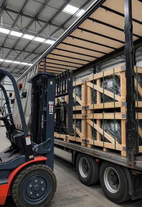 Elektrik motoru sevkiyatı: forklift ve tır yükleme alanı