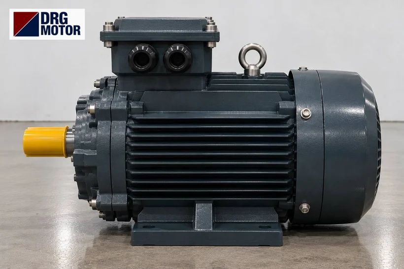 Moteur électrique triphasé gris avec logo DRG MOTOR – moteur de déchiqueteuse à bois et broyeur à copeaux