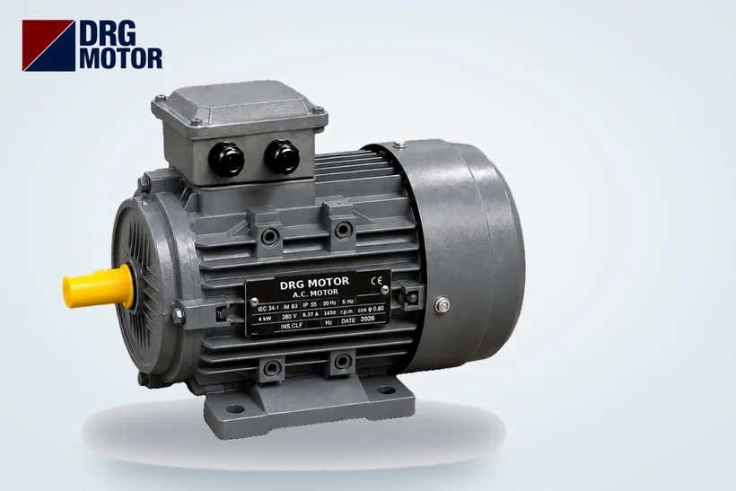 DRG MOTOR logolu gri trifaze elektrik motoru – motor akım hesaplama formülü ve etiket akımı