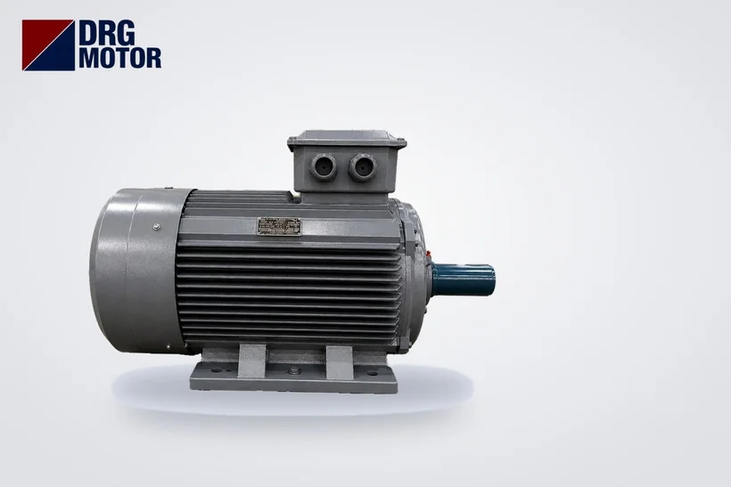 DRG MOTOR logolu gri trifaze elektrik motoru – 160 kW pik döküm motor akım değerleri