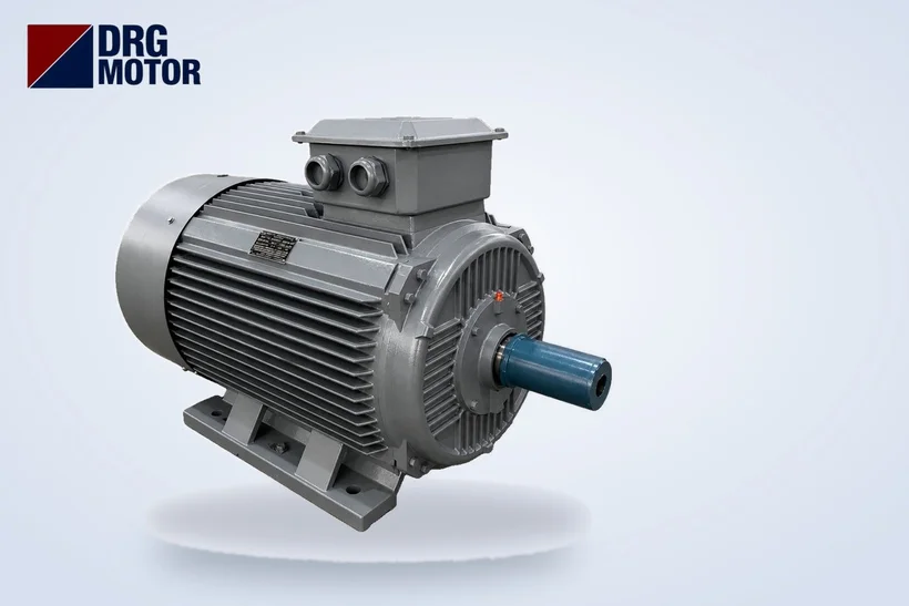 Moteur électrique triphasé gris avec logo DRG MOTOR – courant des moteurs 22 et 30 kW et raccordement à l'armoire