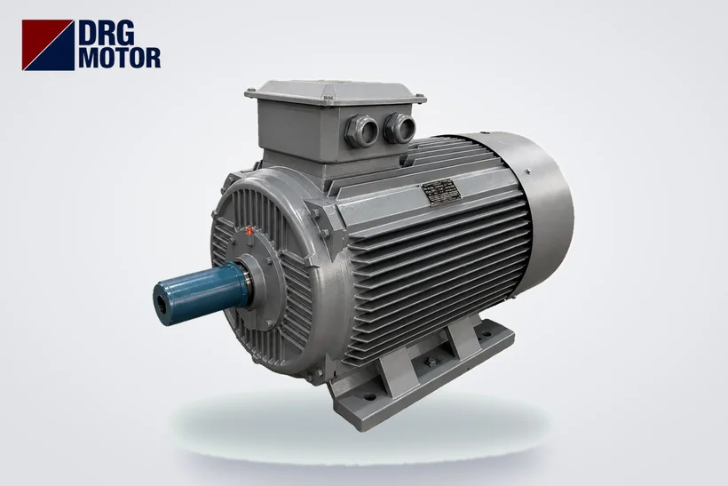Moteur électrique triphasé gris avec logo DRG MOTOR – courant de démarrage étoile-triangle des moteurs de 37 et 45 kW