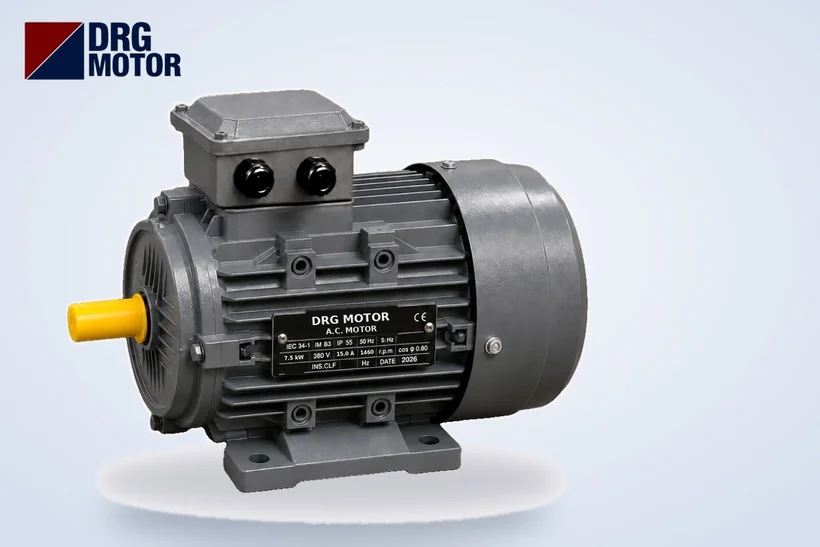 Moteur électrique triphasé gris avec logo DRG MOTOR – courant d'un moteur 7,5 kW, comparaison 1500 et 3000 tr/min