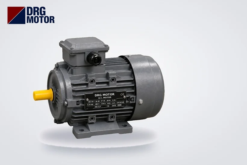 Moteur électrique triphasé gris avec logo DRG MOTOR – courants des petits moteurs de 0,37 à 1,1 kW