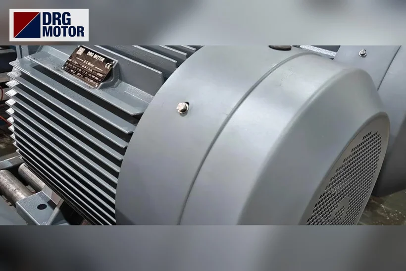 Grey DRG MOTOR branded three-phase electric motor – 1450 rpm 4-pole motor and nameplate data