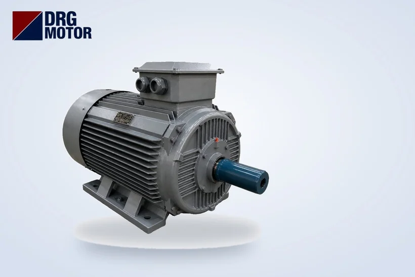 DRG MOTOR logolu gri trifaze elektrik motoru – 11 ve 15 kW motora direkt yol verme ve kalkış akımı