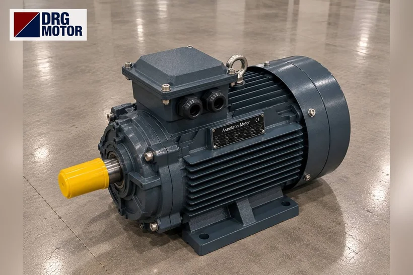 Moteur électrique triphasé gris avec logo DRG MOTOR – moteur d’extrudeuse plastique, entraînement couple constant avec réducteur et variateur
