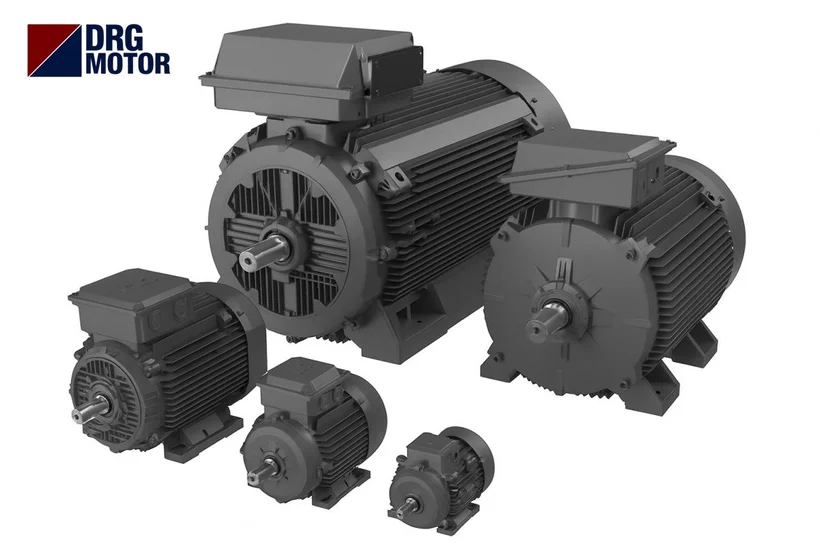 Grey three-phase electric motor with DRG MOTOR logo – 1.5 kW B5 flange motor, flange and shaft size