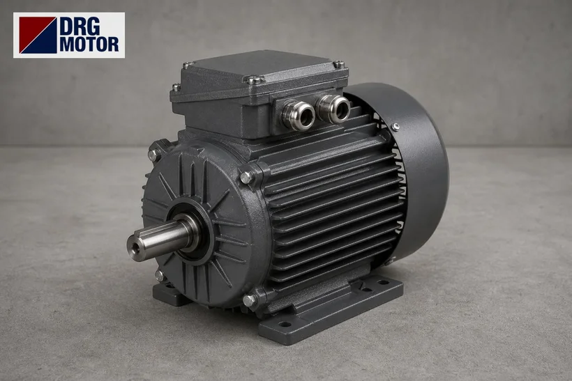 Grey three-phase electric motor with DRG MOTOR logo – 3 kW B5 flange motor for a gearbox input