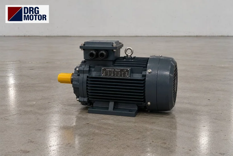 Moteur électrique triphasé gris avec logo DRG MOTOR – moteur à bride B5 pour montage vertical sur cuve de mélange Moteur électrique triphasé gris avec logo DRG MOTOR – moteur à bride B5 pour montage vertical sur cuve de mélange