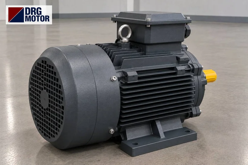 Moteur électrique triphasé gris avec logo DRG MOTOR – moteur de granulateur et mélangeur d'engrais