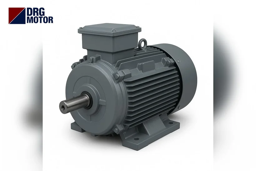 Moteur électrique triphasé gris au logo DRG MOTOR – moteur 10 ch 7,5 kW à 1000, 1500 et 3000 tr/min
