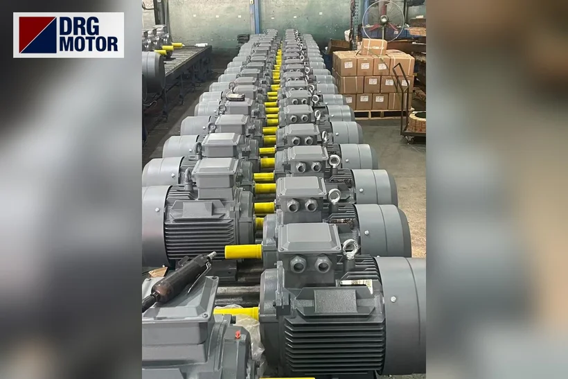 Moteur électrique triphasé gris au logo DRG MOTOR – moteur 30 ch 22 kW pour concasseur et broyeur, mode de démarrage