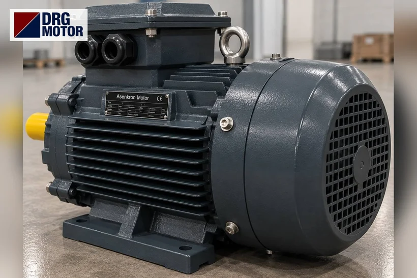 Moteur électrique triphasé gris avec logo DRG MOTOR – moteur de broyeur de câbles et granulateur de cuivre