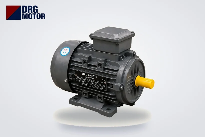 Moteur électrique triphasé gris avec logo DRG MOTOR – moteur 2 pôles ou 4 pôles, vitesse et couple