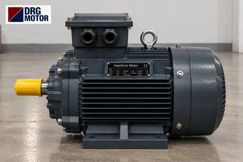 Moteur électrique triphasé gris avec logo DRG MOTOR – moteur de broyeur de pneus et couple de démarrage