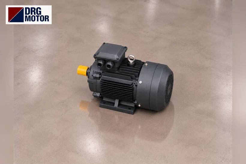 Moteur électrique triphasé gris avec logo DRG MOTOR – cotes d'arbre, de carcasse et de fixation pour un remplacement 4 kW