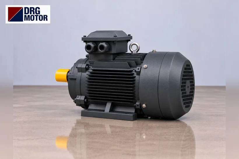 Grey three-phase electric motor with DRG MOTOR logo; phase, voltage and speed check for a 2.2 kW replacement