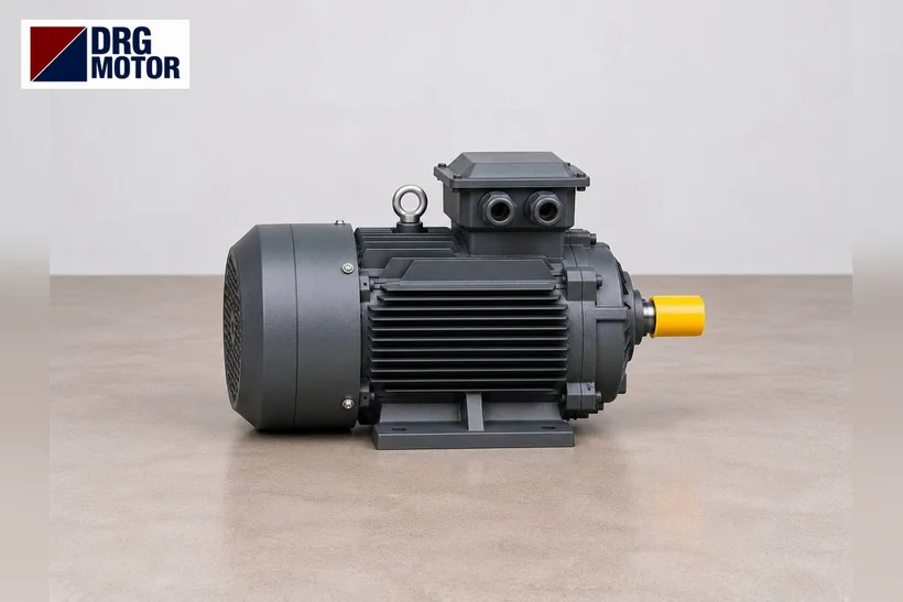Grey three-phase electric motor with DRG MOTOR logo; shaft, flange and speed check for a pump motor replacement