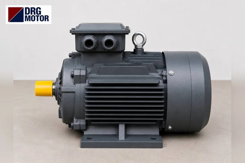 DRG MOTOR logolu gri trifaze elektrik motoru – inverterle çalışan motor değişiminde uygunluk kontrolleri