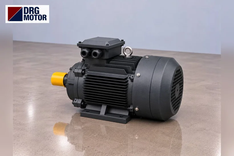 DRG MOTOR logolu gri trifaze elektrik motoru – pompa motoru değişiminde devir ve kaplin kontrolü