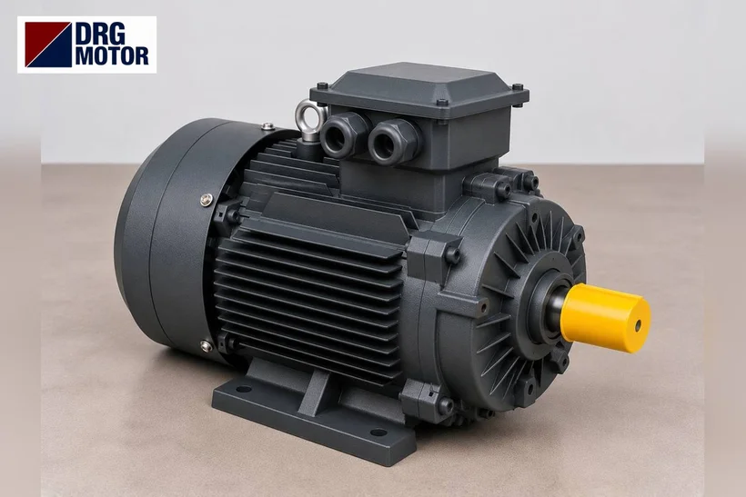 DRG MOTOR logolu gri trifaze elektrik motoru – redüktör girişine bağlanan flanşlı motorda flanş ve mil kontrolü