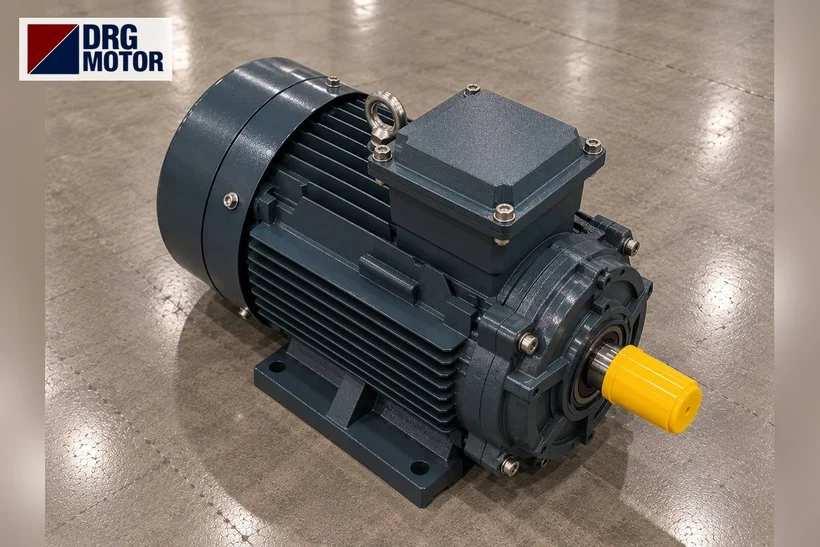 Moteur électrique triphasé gris avec logo DRG MOTOR – moteur échantillon pour constructeur de machines, validation bride et arbre
