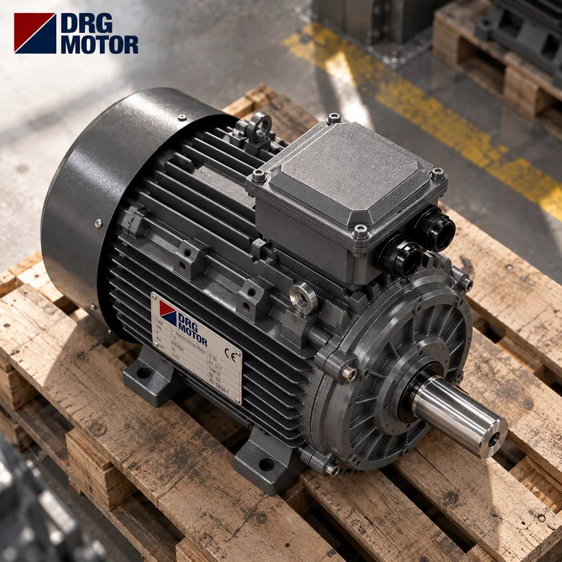 Depoda ahşap palet üzerinde duran DRG MOTOR logolu gri pik döküm trifaze elektrik motoru, üstten görünüm