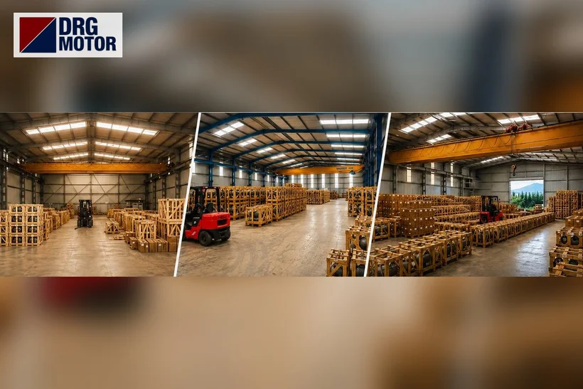 Entrepôts de stock DRG MOTOR – moteurs triphasés en caisses prêts à l'expédition