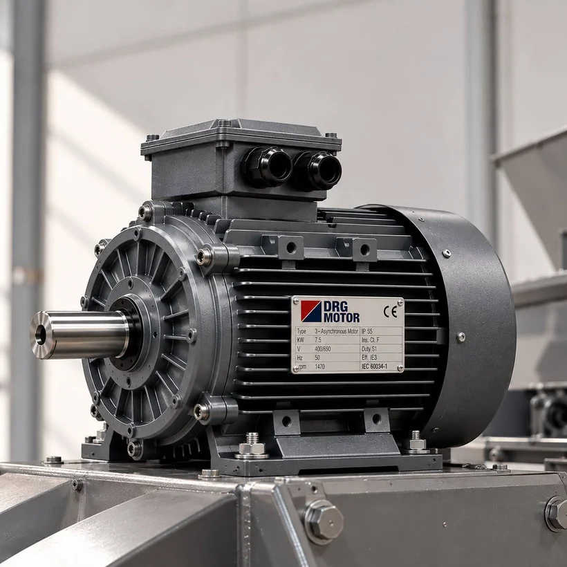 Paslanmaz sac huni ve kırıcı gövdesinin önünde metal makine şasisine cıvatayla bağlanmış gri DRG MOTOR etiketli pik döküm trifaze elektrik motoru