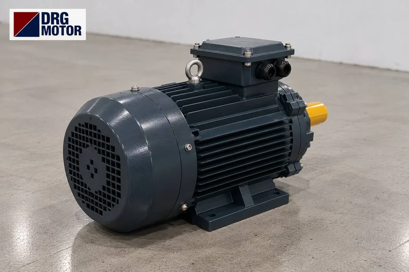 Moteur électrique triphasé gris avec logo DRG MOTOR – moteur de sécheur et d’essoreuse plastique, 4 pôles