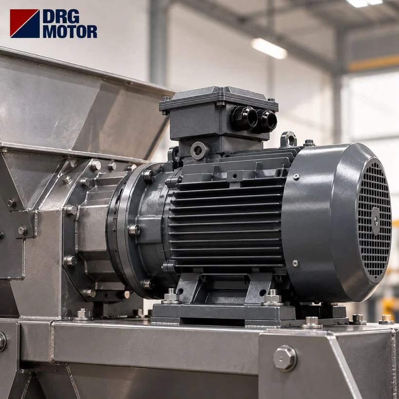 DRG MOTOR logolu gri pik döküm trifaze elektrik motoru, flanşı ile paslanmaz çelik redüktör gövdesine bağlı, ızgaralı fan kapağı görünüyor