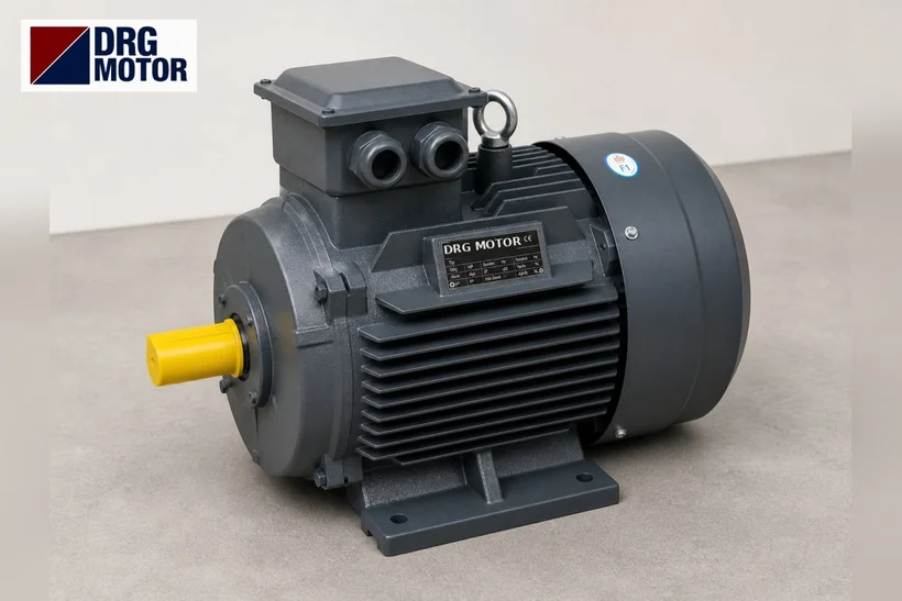 Etiketinde DRG MOTOR yazan gri trifaze elektrik motoru – redüktör motoru için flanşlı motor