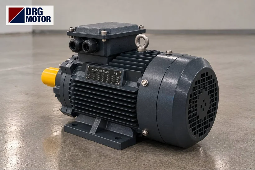 Moteur électrique triphasé gris logo DRG MOTOR – moteur 4 pôles pour réducteur de convoyeur à rouleaux