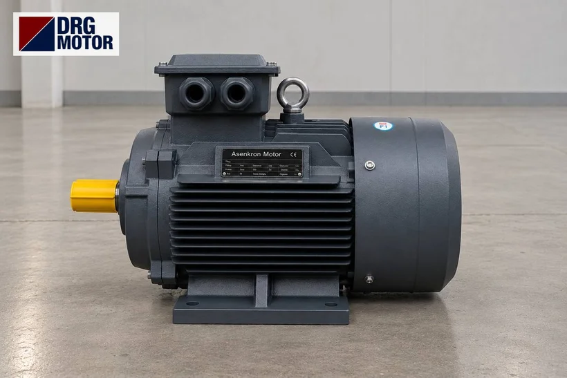 Moteur électrique triphasé gris avec logo DRG MOTOR – entraînement 7,5 kW sur variateur pour dérouleur de tôle