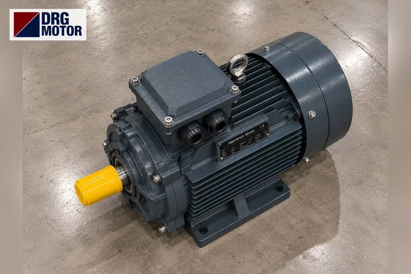 Moteur électrique triphasé gris avec logo DRG MOTOR – entraînement 15 kW par courroie pour essoreuse centrifuge