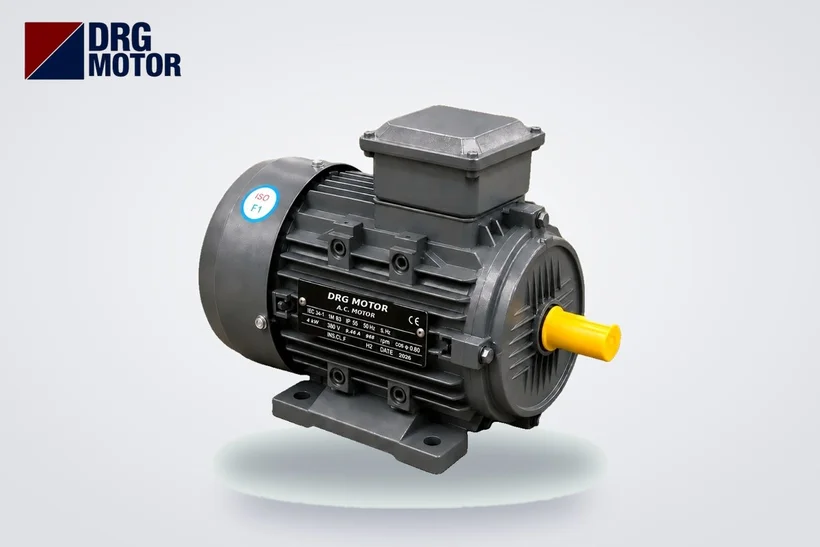 Moteur électrique triphasé gris au logo DRG MOTOR – diagnostic du ronflement, du sifflement et des claquements