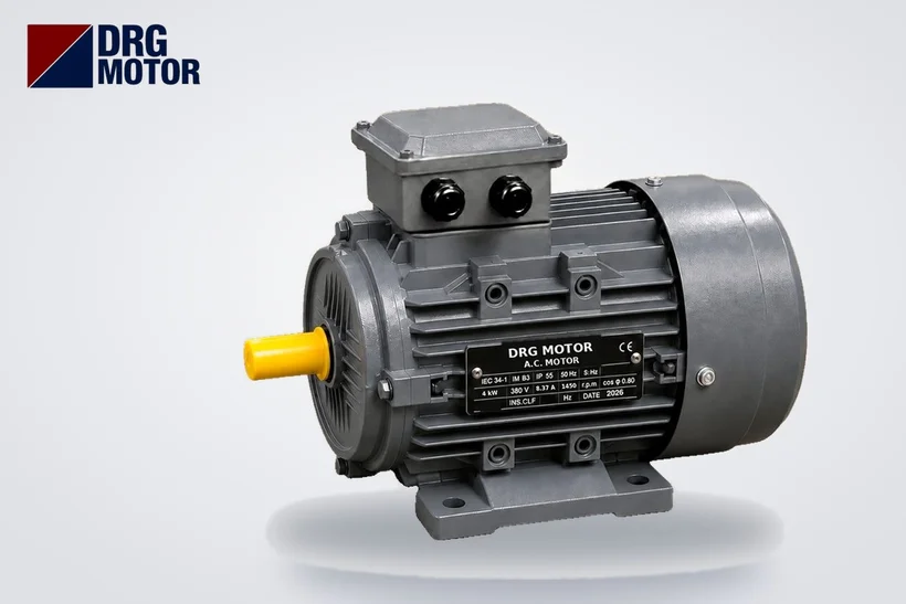 Moteur électrique triphasé gris logo DRG MOTOR – causes de déclenchement du fusible, courant de démarrage et couplage