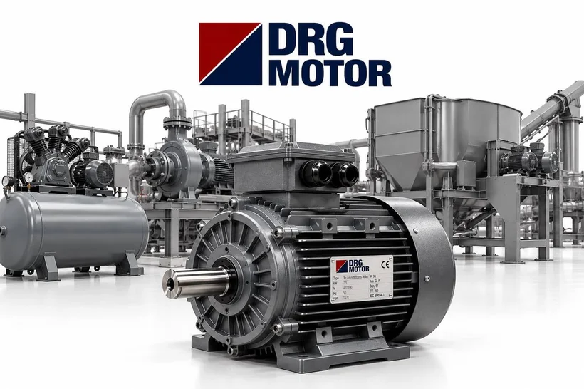Beyaz fon önünde gri DRG MOTOR logolu trifaze elektrik motoru; arkada kompresör tankı, santrifüj pompa ve sanayi tesisatları