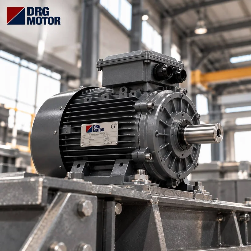 Ağır çelik konstrüksiyon şasi üstünde büyük gri DRG MOTOR etiketli pik döküm trifaze elektrik motoru, arkada sanayi hangarı ve sarı vinç