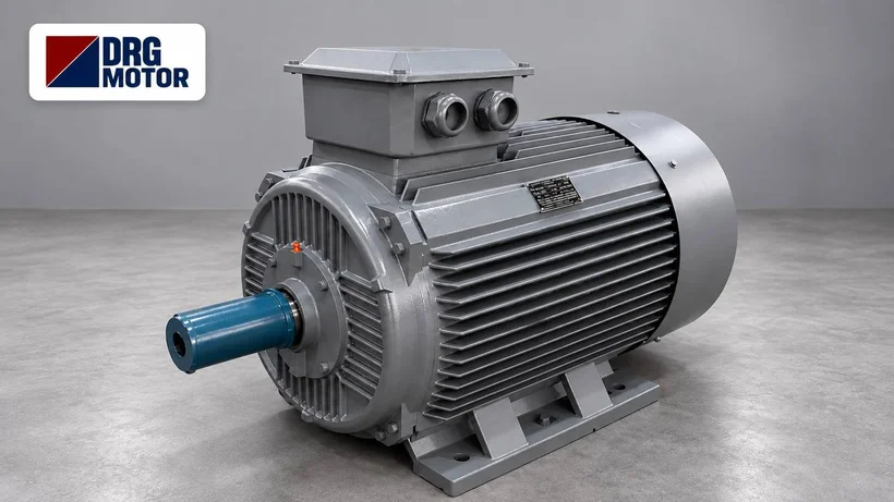 Grand moteur électrique triphasé DRG à carcasse grise en fonte, arbre bleu et fixation à pattes B3