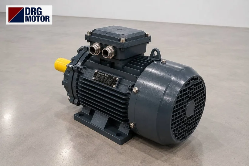 DRG-branded grey three-phase electric motor for a hydraulic workshop press unit