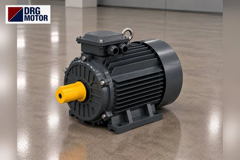 Moteur électrique triphasé gris de marque DRG pour une enrouleuse de film plastique