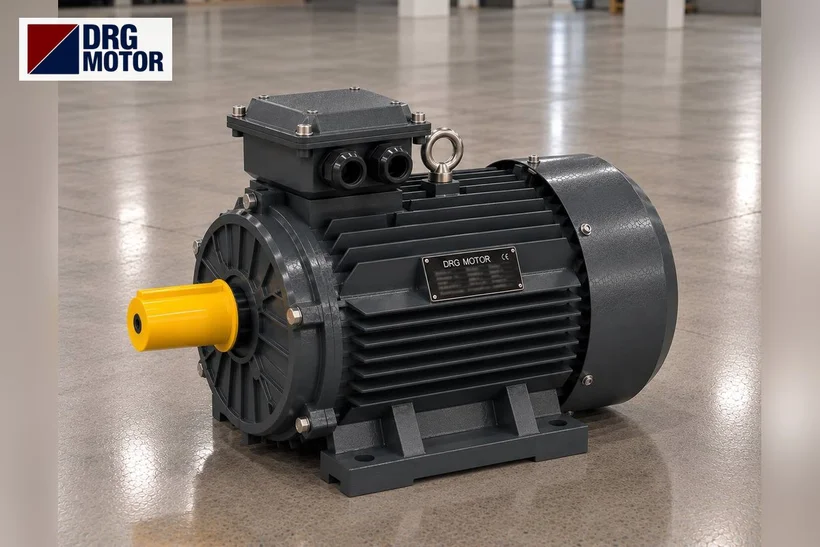Moteur électrique triphasé gris de marque DRG pour dégrilleur d'eaux usées