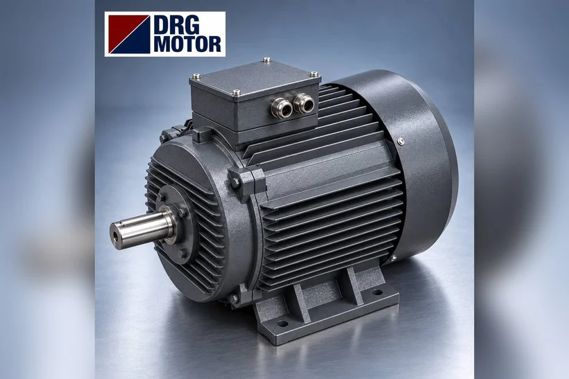 Moteur électrique triphasé gris avec logo DRG MOTOR – différences de carcasse, d'arbre et de pattes à kW égal