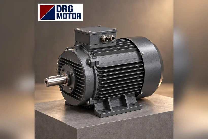 DRG MOTOR logolu gri trifaze elektrik motoru – B34 ayaklı küçük flanşlı motor sipariş ölçüleri