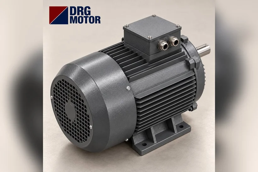 Moteur électrique triphasé gris logo DRG MOTOR – moteur asynchrone 15 kW et variateur à la place d’un moteur CC